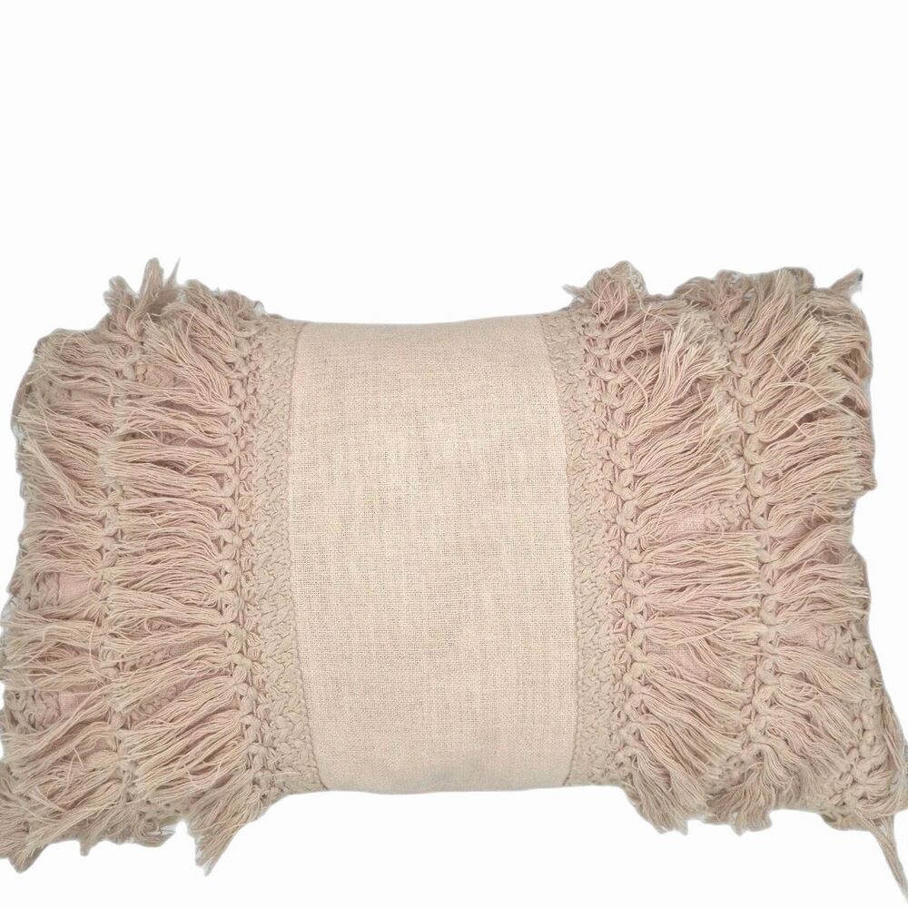 Macrame Fringe Blush Pink Decorative Oblong Throw Pillow 10x18
